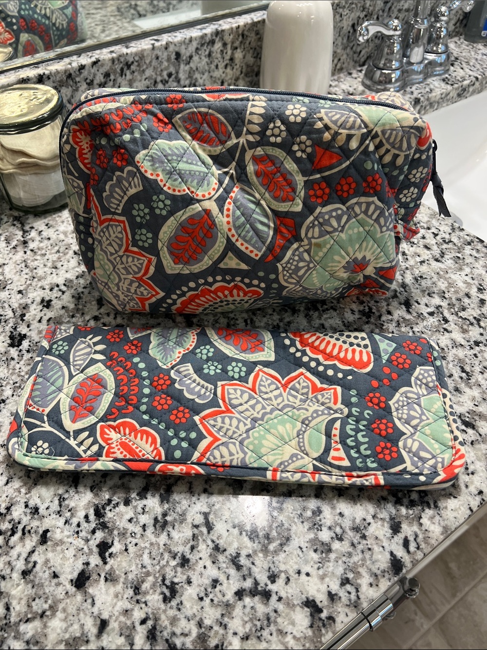Vera Bradley Quilted Cosmetic Pouch in Navy, Coral & Mint